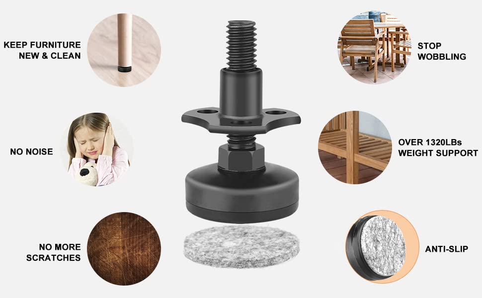 Anwenk Adjustable Leveling Feet Furniture Levelers Table Feet Heavy Duty Leg Levelers for Cabinets Sofa Tables Chairs,Support 1320LBs, T-Nut Kit 3/8”-16 Thread, Large Base- 4 Pack, Black - color: Black-4p-t Nut