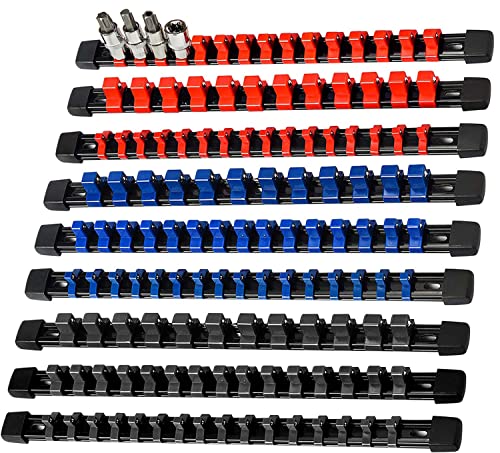 AMM 9-Piece Socket Organizer, 1/2 inch, 3/8 inch and 1/4 inch Drive ABS Tools-Socket Holder,Heavy Duty Socket Racks, Premium Quality Socket Clip Rail Holder,The best tool trays in the garage - color: Colorful, size: 9PC