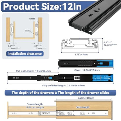 ToBeGreat Push to Open Soft Close Drawer Slides 12 Inch Side Mount Dresser Runner Black,2/3 Full Extension Ball Bearing 100 LB Kitchen Nightstand Glides Rails 1 Pair - color: Black(Push to Open & Soft Close)-1 pair, size: 12 Inch