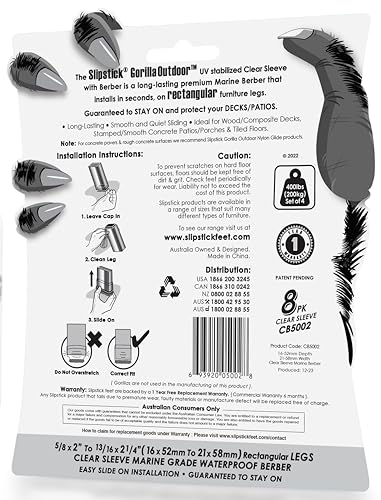 Slipstick GorillaOutdoor Berber Furniture Feet Pads with Clear Sleeve Sock (8 Pack) Weatherproof Outdoor Furniture Sliders for Rectangular Legs - size: Rectangular Large