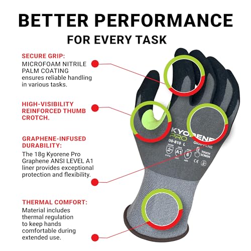 Armor Guys 00-810 Kyorene Pro Graphene Black Nitrile Work Gloves (ANSI Cut Level A1) – Touchscreen Compatible, Ergonomic, Light Gloves for Gardening, Warehousing & Maintenance – Large (12 pairs) - size: Large (Pack of 12)