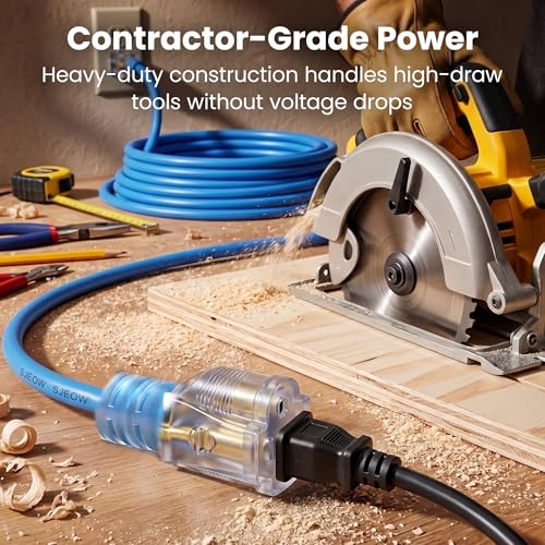 GEARit 100 ft Outdoor Extension Cord 14/3 Gauge SJEOW 14 AWG, 3-Prong Heavy Duty Power Cable with Lighted End, 15A 125V 1875W, Waterproof Cord for Tools, Lawn & Garden, Blue - size: 14 AWG Gauge, style: 100 Feet (SJEOW Rated)