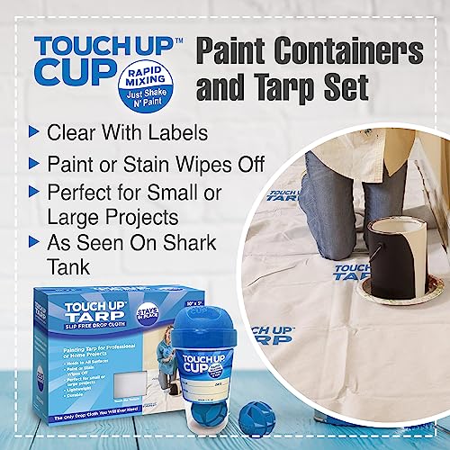 Touch Up Cup Paint Storage Containers and Fabric Painters Tarp, 3 Plastic Painting Cups with Lids, 1 Drop Cloth for Painting, As Seen On Shark Tank Products - style: 3 Cups + 1 Tarp