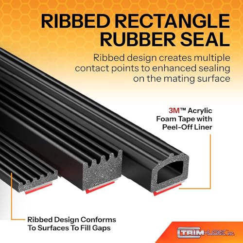 TRIM-LOK Ribbed Rectangle Rubber Seal with 3M Bonded Tape, 0.187-Inch Height, 0.375-Inch Width, 500-Foot Length, EPDM Foam Weather Stripping for Door Frame, Window Insulation, Vehicles, and Boats