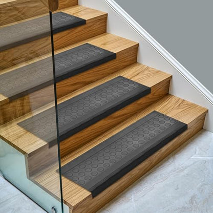 Ottomanson Bullnose Stair Treads Outdoor – Coin Heavy-Duty Non-Slip Stair Mats – Best Grip on Concrete, Brick & Textured Step – Fastening Required for Wooden & RV Steps, Pack of 5 - color: Black Coin - Bullnose