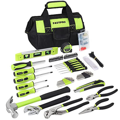 FASTPRO 215-Piece Home Repairing Tool Set with 12-Inch Wide Mouth Open Storage Bag, Household Hand Tool Kit, Green - color: Green