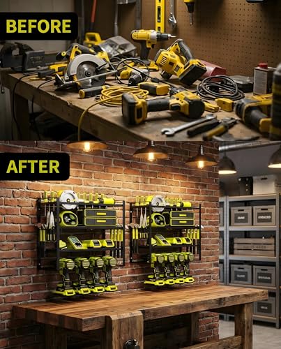 Wall Mount Tool Organizer, 3-Layer Heavy Duty Metal Rack for 4 Drills, with Screwdriver and Hammer Holder, 150 Lbs Capacity, Garage and Workshop Storage (trumpet, 4-4)