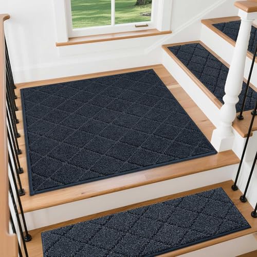 COSY HOMEER Stair Landing Rugs Non-Slip Corner Indoor Edging Stair Treads for Wooden Steps,Washable Soft Stair Landing Mat for Kids,Elder and Dogs,Polyester,TPE Backing,Navy,30x30inch - color: Navy, size: 30 X 30 Inches (1 Piece)
