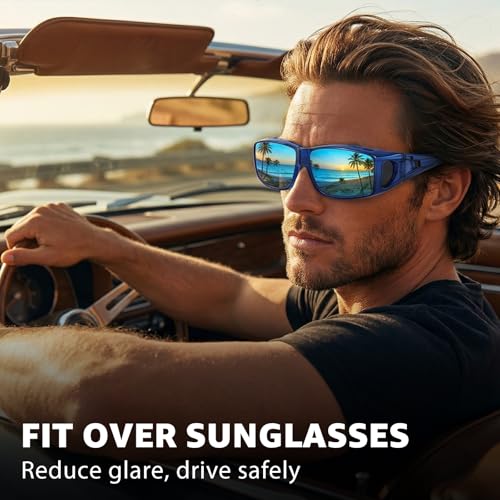 Myiaur Over Glasses Sunglasses for Men Women, Polarized Fit Over Sunglasses UV400 Protection, Anti Glare for Driving Outdoors - color: A02 Transparent Blue/Blue Lens