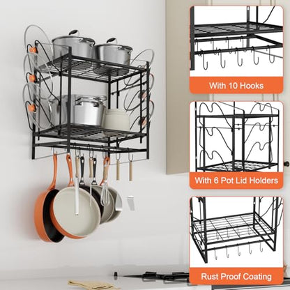 VyGrow 17 Inch Pot Rack Wall Mounted, 2 Tier Pots and Pans Organizer with 10 Hooks and 6 Pot Lid Holders, Heavy Duty Steel Pot and Pan Hanger for Kitchen Cookware Utensils Storage 24" Lx13 Wx20.5 H - color: 17"W 2 Tier Black