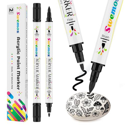 Swemos 2PCS Black Acrylic Paint Pens Markers, Dual Tip with Fine Tip and Brush Tip Pens Acrylic Paint Markers Waterproof Acrylic Markers Set for Rock, Canvas Stone, Wood, Glass, Metal (BLACK, 2) - style: BLACK