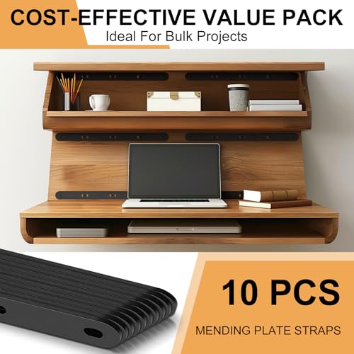 Frienda 10 Pcs 16" Black Mending Plate Heavy Duty Metal Straight Bracket Flat Straight Braces Repair Flat Slotted Plate Steel Joining Fixing Brackets Connector for Wood Furniture Tables Bookshelves