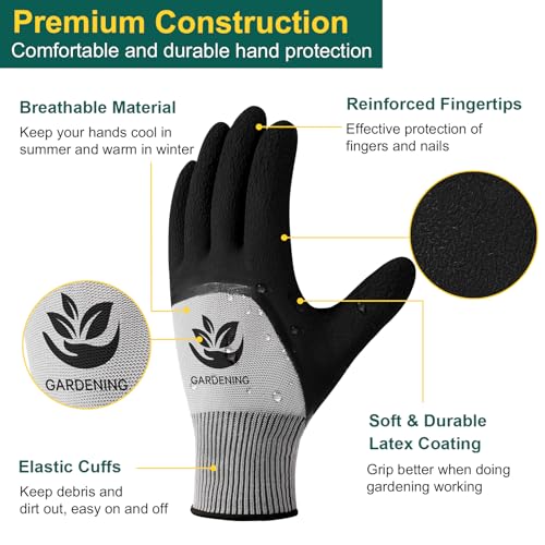 Trifabricy Garden Gloves for Women/Men - 6 Pairs Latex Gardening Gloves with Grip, Protective Work Gloves for Lawn Yard - color: Black & Grey