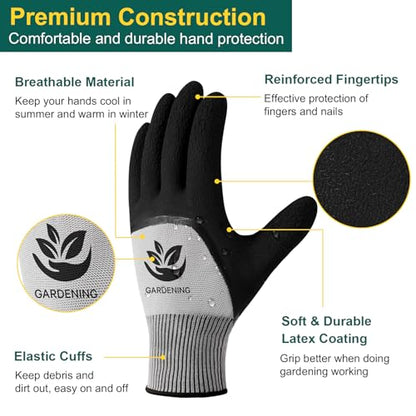 Trifabricy Garden Gloves for Women/Men - 6 Pairs Latex Gardening Gloves with Grip, Protective Work Gloves for Lawn Yard - color: Black & Grey
