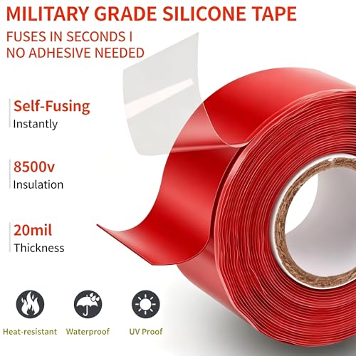 Self-Fusing Silicone Tape – 1" x33' Black/Red/White + 1" x5' Black – High-Heat 500°F, Waterproof, Electrical Insulating – Emergency, Automotive, DIY Repair - color: Red