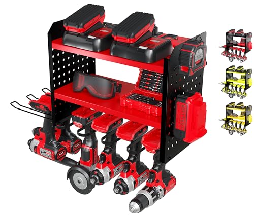BUILTSTRONG Power Tool Organizer Wall Mount – 3-Tier Heavy-Duty Steel Rack, 6 Drill Slots, Dual Pegboard Sides, Side-by-Side Modular, 100 lb Capacity – Garage & Workshop (Red) - color: Red, size: 6 Drill Holder