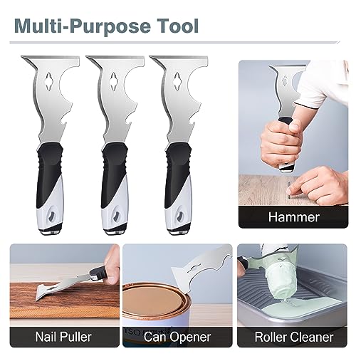 Mister Rui Paint Scraper, 3 Pack Multi Use Paint Tools Putty Knife 10 in 1, Paint Scraper Tools for Painting, Metal Scraper with Hammer End, Taping Knife, Spackle Tool