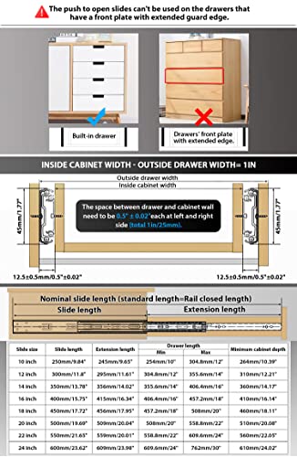 YENUO Push to Open Drawer Slides Full Extension Rail 12 14 16 18 20 22 24 inch handleless Side Mount Dresser Cabinet Bracket Replacement Ball Bearing Tracks kit Guide Runner 100 lb 1 Pair - color: Black-Push Open, size: 14 Inch