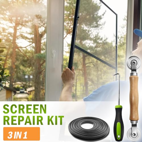 Screen Repair kit, Screen Roller Tool, Steel Roller with Bear+32ft Screen Spline+Removal Hook, 3 in 1 Window Screen Door Repair Kit,for Installing Door Window Mesh - size: Steel Roller+spline+pick