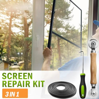 Screen Repair kit, Screen Roller Tool, Steel Roller with Bear+32ft Screen Spline+Removal Hook, 3 in 1 Window Screen Door Repair Kit,for Installing Door Window Mesh - size: Steel Roller+spline+pick