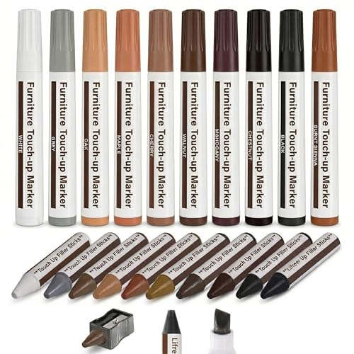 Furniture Markers Touch Up Kit, 21 Pcs Wood Scratch Repair Kit with 10 Color Touch Up Pens, Wax Filler Sticks & Sharpener for Wood Floors, Cabinets, Tables, Desks & Bedposts - color: 21 Pcs