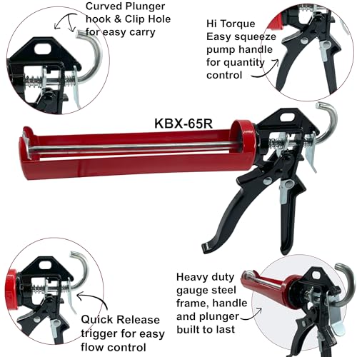 – KBX65 – Heavy Duty - 360 Swivel Barrel Caulking Gun – 26:1 Thrust – Quick Release Trigger – Dripless - 10 oz Professional Manual Caulk Gun – (9) Piece Tool Kit – Qty (1)