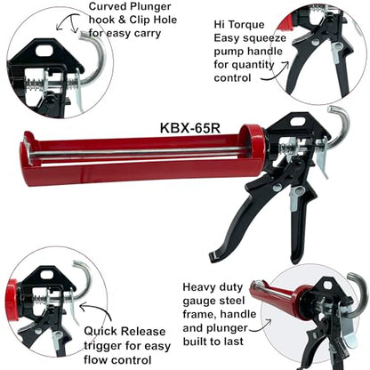 – KBX65 – Heavy Duty - 360 Swivel Barrel Caulking Gun – 26:1 Thrust – Quick Release Trigger – Dripless - 10 oz Professional Manual Caulk Gun – (9) Piece Tool Kit – Qty (1)