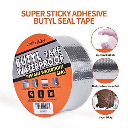 TAPEBEAR Butyl Tape Waterproof Sealing Tape Aluminum Foil Tape, for RV Repair, Window, Silicone, Glass & EDPM Roof Leak Patching, Boat and Pipe Sealing, Silver, 2inch x16feet - size: 50mm x 5m