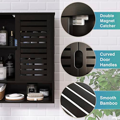 SMIBUY Bathroom Cabinet Wall Mounted, Bamboo Over-The-Toilet Storage Organizer, Space Saver Medicine Cabinet with 2 Door and Adjustable Shelves (Black) - color: Black