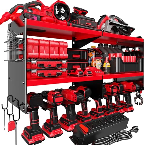 Spampur Power Tool Organizer Wall Mount with Charging Station, 15 Min Assembly & Maximum 420lbs Load by Heavy Duty Metal, 8 Slots for Cordless Drill, Tool Battery Holder with 6 Outlet Power Strip - color: Red, size: 8 Slots