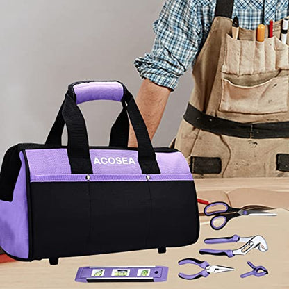 ACOSEA Purple Tool Bag,13 Inch Wide Mouth Open Tool Organizer with 12 Storage Pockets