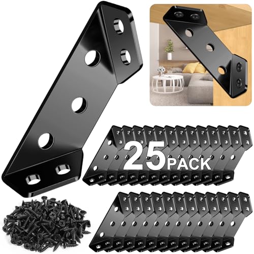 MAPVOLUT 25PCS Corner Brackets for Wood with 150 Screws, Premium Black Metal Furniture Corner Connector Shelf Brackets for Wood, Universal Size Sturdy Angle Bracket Corner Brace Strong Mounting - size: Black 25Pcs