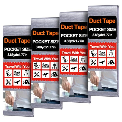 4 Pack 1.77 in x 10 ft Travel Duct Tape Mini Pocket Size Flat Roll Flexible Heavy Duty Waterproof Tear by Hand for Repair Outdoor Emergency Gear EDC DIY Craft Camping Hiking (Silver) - size: Silver