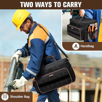 17 Inch Heavy Duty Tool Bags for Men Women, 20 Pockets Portable Tool Bag with Adjustable Shoulder Strap, Wide Mouth Tool Bag Organizer for Electricians Mechanics Carpenters HVAC
