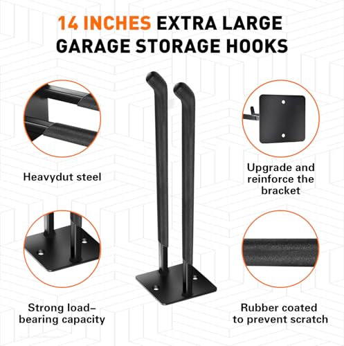 14" Large Garage Hooks, 4-Pack Garage Hooks Heavy Duty, Utility Steel Garage Wall Hooks for Hanging Yard Tools,Car Tires, Ladders,Chairs and More