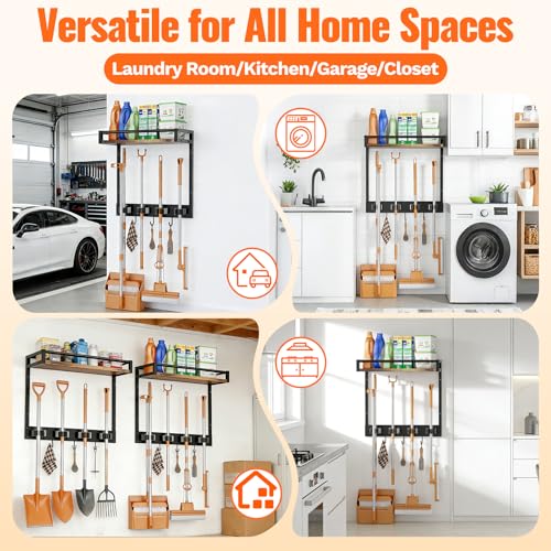 2 Packs Broom Holder Wall Mount with Shelf Load 66LBS Broom and Mop Organizer Wall Hanging Broom Hanger with 4 Mop Hanger Grippers, 3 Hooks for Laundry Room, Garage, Utility Closet, Kitchen - style: 2 Packs