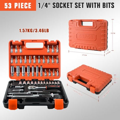 53 Pieces Socket Wrench Set Drive Socket Set with 1/4 Inch Ratcheting Wrench Plastic Toolbox Storage Case for Automotive Repair And Home Use - color: Gjx53s