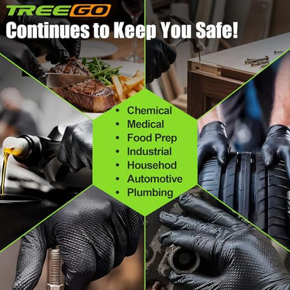 TREEGO Black Heavy Duty Rubber Gloves 10 Mil Nitrile Gloves - Raised Diamond Texture Grip for Automotive & Mechanic - Latex Free Disposable Gloves Medium, 100 Count - color: Black 100, size: Medium