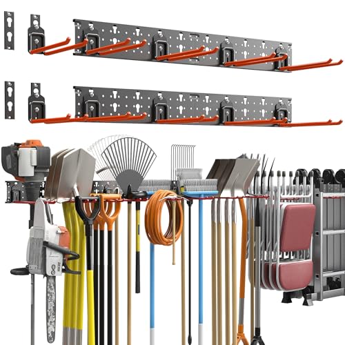 TORACK Garden Tool Organizer Wall Mount, Garage Folding Chair Storage Rack, Tools Rack for Shovels, Rakes, Broom, Ladders, Hooks for Keyhole Style Shelving Unit - style: 4 panels with 10 hooks