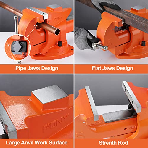 PONY Heavy Duty Bench Vise, 5-inch Jaw Width 7-inch Jaw Opening, 360-Degree Swivel Base with Anvil, Utility Combination Pipe Home Vise for Woodworking, One-Pair Vise Jaw Pad Included - style: 7-inch Jaw Opening