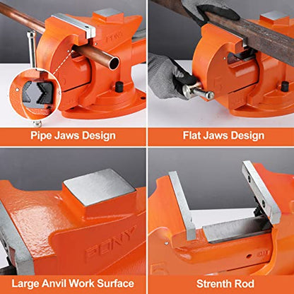 PONY Heavy Duty Bench Vise, 5-inch Jaw Width 7-inch Jaw Opening, 360-Degree Swivel Base with Anvil, Utility Combination Pipe Home Vise for Woodworking, One-Pair Vise Jaw Pad Included - style: 7-inch Jaw Opening