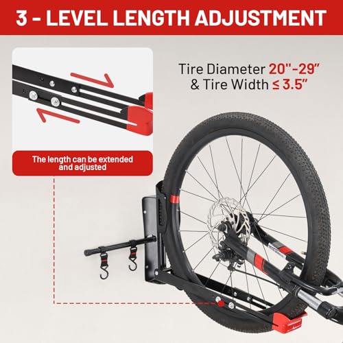 Bike Wall Mount Rack Adjustable & Foldable Garage Bike Rack with Swivel Design & 2 Storage Hooks, Fits 20"-29" Bikes, Holds Up to 77 lbs, Easy Install & Space-Saving Bike Storage 1 Pack - style: Type A：1 Pack
