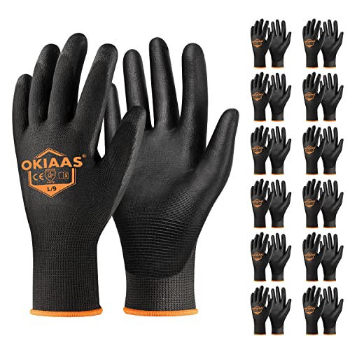 OKIAAS Work Gloves for Men,Ultra Thin and Lightweight Working Gloves with Grip,12 Pairs Bulk Pack Construction Gloves with Polyurethane Coating,Safety Gloves for Light Duty Work (Black, Large) - color: Black (12 Pairs), size: Large