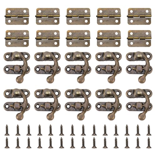 10 Set Mini Swing Arm Clasp Latch Vintage Style, Small Bronze Box Hinges and Antique Box Latch Hasp Lock for Decorative Cabinet Small Wooden Jewelry Box Gift Box with 80 Screws and 10 Pcs Hinges