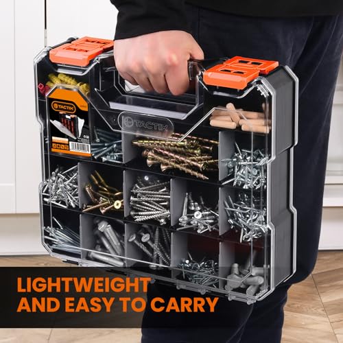 TACTIX 34 Compartments Double-Sided Tool Organizer, Toolbox with 14 Adjustable Dividers & Transparent Lids, Portable Hardware Storage Box for Screws, Nuts, Fishing Accessories (Black/Orange) - style: Double-sided PP Organizer