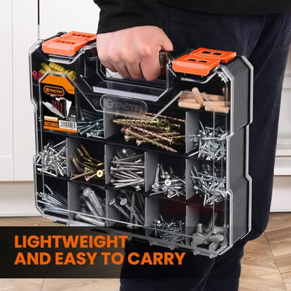TACTIX 34 Compartments Double-Sided Tool Organizer, Toolbox with 14 Adjustable Dividers & Transparent Lids, Portable Hardware Storage Box for Screws, Nuts, Fishing Accessories (Black/Orange) - style: Double-sided PP Organizer