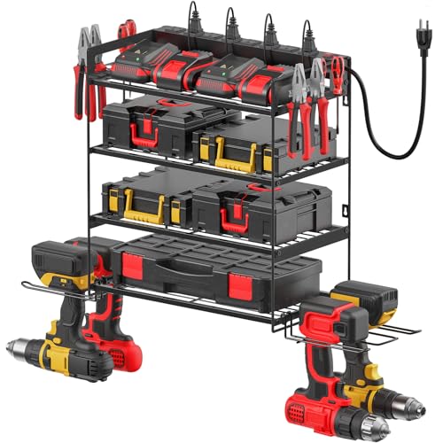 CCCEI Garage Tools Storage with Charging Station. Power Tool Battery Organizer Utility Shelf with Power Strip. 4 Drills Holder Wall Mount Rack, Black 4 Layer. - size: Small, style: 4 Layer