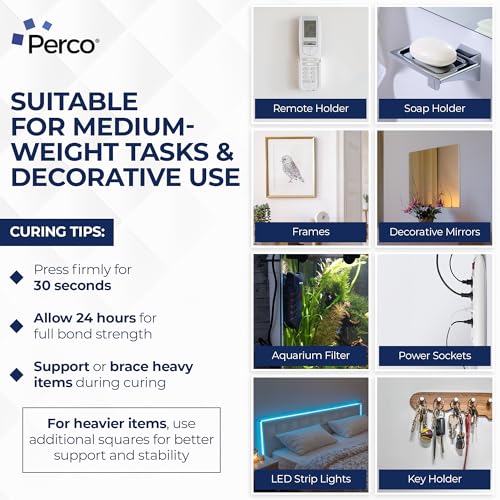 Perco Double Sided Tape Squares, Clear Nano Tape, 30 2"x2" Pre-Cut Mounting Squares – Strong Adhesive for Medium Items, Wall Décor, Mirrors, Posters, Photos, Crafts, Home, Office, DIY Projects - size: 2x2 inches