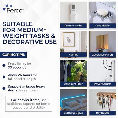 Perco Double Sided Tape Squares, Clear Nano Tape, 30 2"x2" Pre-Cut Mounting Squares – Strong Adhesive for Medium Items, Wall Décor, Mirrors, Posters, Photos, Crafts, Home, Office, DIY Projects - size: 2x2 inches