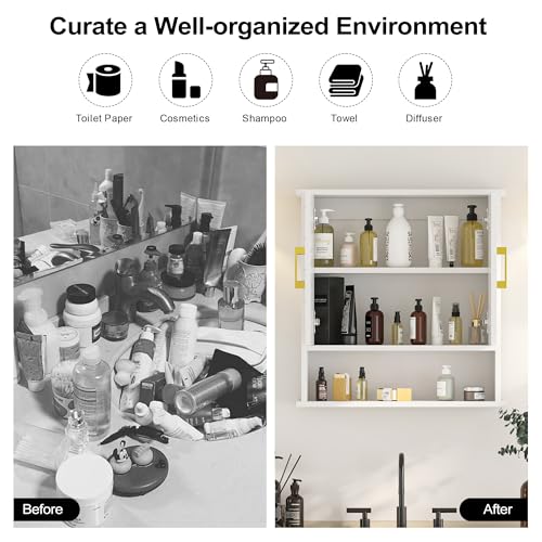 White Chevron Pattern Bathroom Wall Mount Cabinet, Stylish Hanging Medicine Cabinet with Open Shelf, Over The Toilet Storage for Bathroom Kitchen (23 5/8" x 22 7/8" x 7 1/8") - style: Chevron Pattern-White
